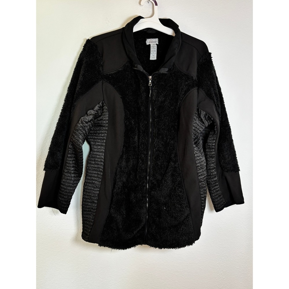Catherines Black Faux Fur Mixed Media Zip Front Jacket Plus Size 1X